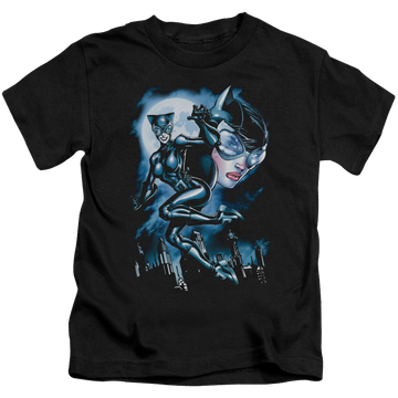 Black kid's t-shirt for ages 4 to 7 with Catwoman Moonlight Cat graphic