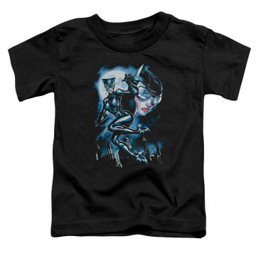 Black toddler t-shirt with Catwoman Moonlight Cat graphic