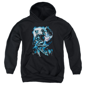 Black youth hoodie for ages 8 to 12 with Catwoman Moonlight Cat graphic
