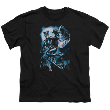 Black youth t-shirt for ages 8 to 12 with Catwoman Moonlight Cat graphic