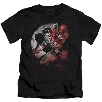 Black kid's t-shirt for ages 4 to 7 with Batman Robin Spotlight graphic