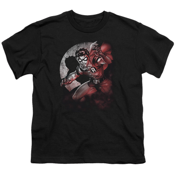 Black youth t-shirt for ages 8 to 12 with Batman Robin Spotlight graphic