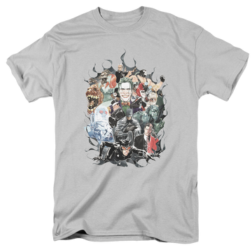 Silver men's regular fit t-shirt with Dc Batman Cape Of Villians graphic