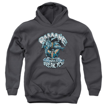 Charcoal youth hoodie for ages 8 to 12 with Bane Will Break You graphic