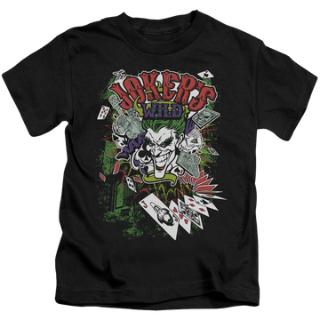 Black kid's t-shirt for ages 4 to 7 with Jokers Wild graphic