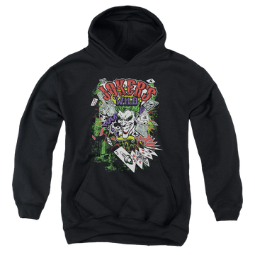 Black youth hoodie for ages 8 to 12 with Jokers Wild graphic