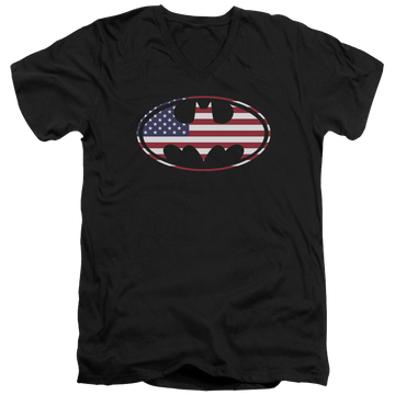 Black men's v-neck t-shirt with Batman American Flag Oval graphic