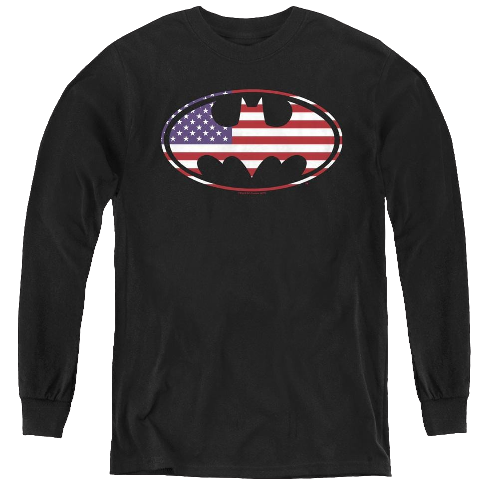 Dc Batman American Flag Oval - Youth Long Sleeve T-Shirt Youth Long Sleeve T-Shirt Batman   