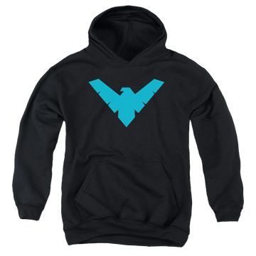 Black youth hoodie for ages 8 to 12 with Nightwing Symbol graphic