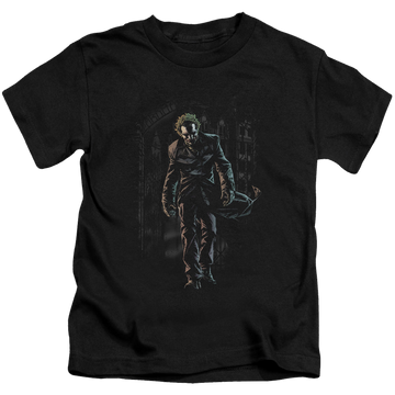 Black kid's t-shirt for ages 4 to 7 with Joker Leaves Arkham graphic