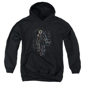 Black youth hoodie for ages 8 to 12 with Joker Leaves Arkham graphic