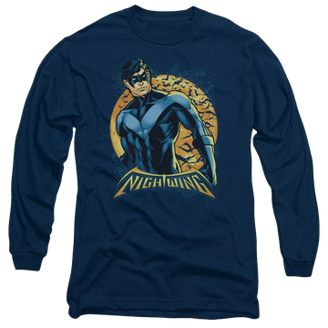 Navy men's long sleeve t-shirt with Batman Nightwing Moon graphic
