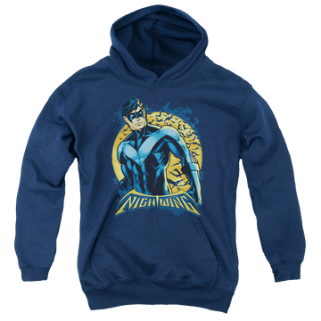 Navy youth hoodie for ages 8 to 12 with Nightwing Moon graphic