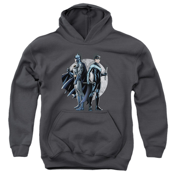 Charcoal youth hoodie for ages 8 to 12 with Nightwing Spotlight graphic