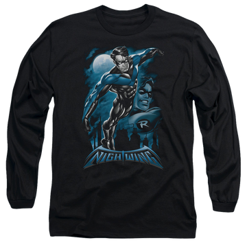 Black men's long sleeve t-shirt with Nightwing Batman All Grown Up graphic