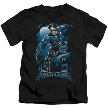 Black kid's t-shirt for ages 4 to 7 with Nightwing All Grown Up graphic