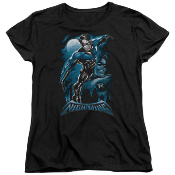 Black women's t-shirt with Nightwing Batman All Grown Up graphic