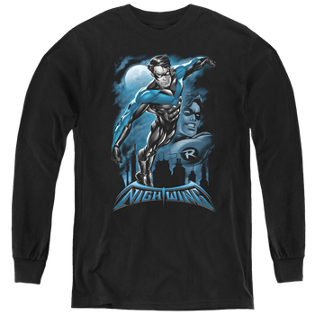 Black youth long sleeve t-shirt with Nightwing All Grown Up graphic