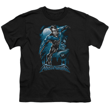 Black youth t-shirt for ages 8 to 12 with Nightwing All Grown Up graphic