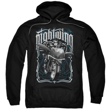 Black pullover hoodie with Batman Nightwing Biker graphic