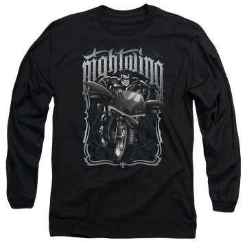 Black men's long sleeve t-shirt with Batman Nightwing Biker graphic