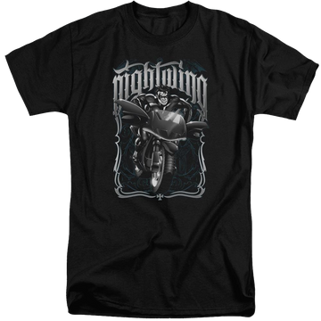 Black men's tall fit t-shirt with Batman Nightwing Biker graphic