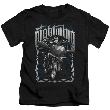 Black kid's t-shirt for ages 4 to 7 with Nightwing Biker graphic