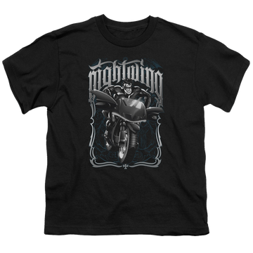Black youth t-shirt for ages 8 to 12 with Nightwing Biker graphic