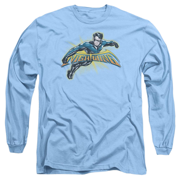 Carolina blue men's long sleeve t-shirt with Batman Nightwing Burst graphic