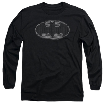 Black men's long sleeve t-shirt with Batman Chainmail Shield graphic