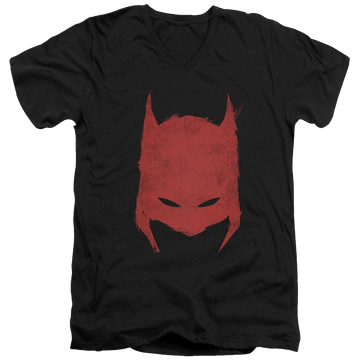 Black men's v-neck t-shirt with Batman Hacked & Scratched graphic