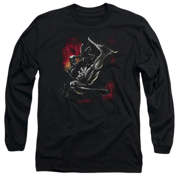 Black men's long sleeve t-shirt with Batman Kick Swing graphic