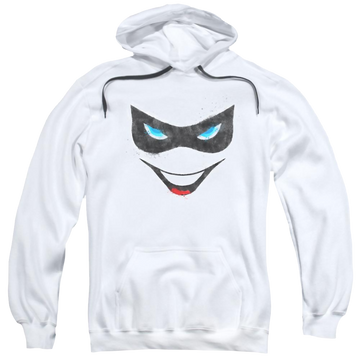 White pullover hoodie with Harley Quinn Batman Harley Face graphic