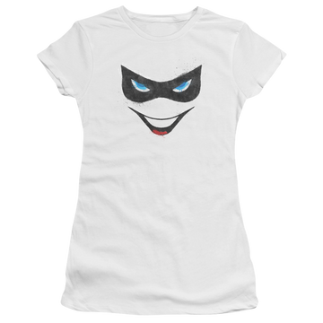 White juniors t-shirt with Harley Quinn Batman Harley Face graphic