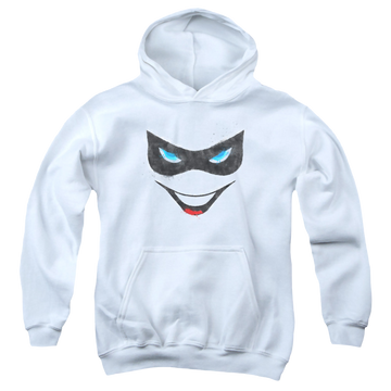 White youth hoodie for ages 8 to 12 with Harley Quinn Harley Face graphic