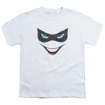 White youth t-shirt for ages 8 to 12 with Harley Quinn Harley Face graphic