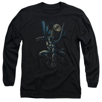Black men's long sleeve t-shirt with Batman Calling All Bats graphic