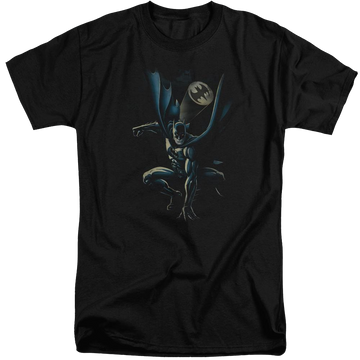 Black men's tall fit t-shirt with Batman Calling All Bats graphic