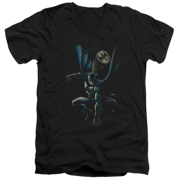 Black men's v-neck t-shirt with Batman Calling All Bats graphic