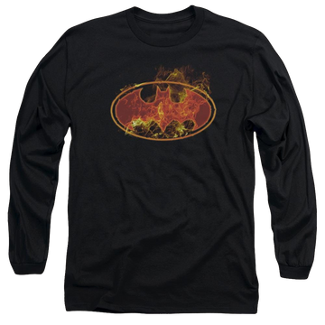 Black men's long sleeve t-shirt with Batman Flames Logo graphic