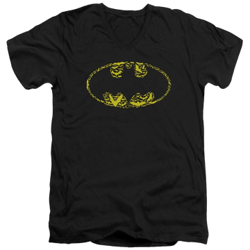 Black men's v-neck t-shirt with Batman Bats On Bats graphic