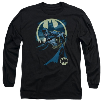 Black men's long sleeve t-shirt with Batman Heed The Call graphic