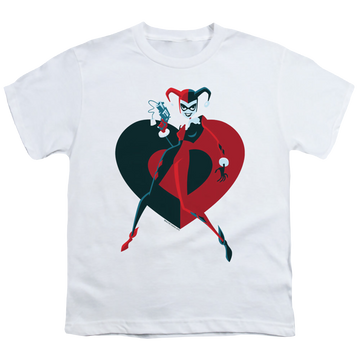 White youth t-shirt for ages 8 to 12 with Harley Quinn Harley Heart graphic
