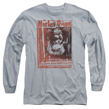 Athletic heather men's long sleeve t-shirt with Batman Dr Quinn graphic