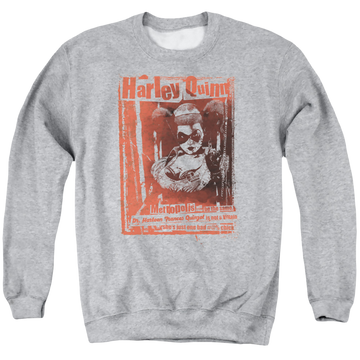 Athletic heather men's crewneck sweatshirt with Batman Dr Quinn graphic