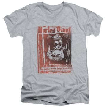 Athletic heather men's v-neck t-shirt with Batman Dr Quinn graphic