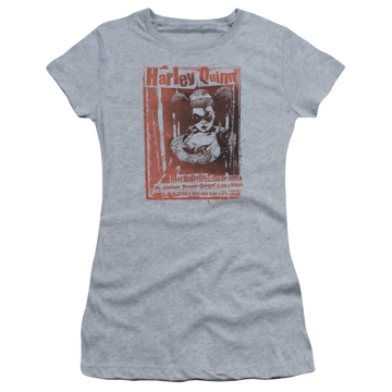 Athletic heather juniors t-shirt with Batman Dr Quinn graphic