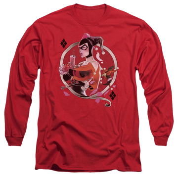 Red men's long sleeve t-shirt with Harley Quinn Batman Harley Q graphic