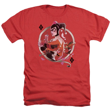 Red men's heather t-shirt with Harley Quinn Batman Harley Q graphic