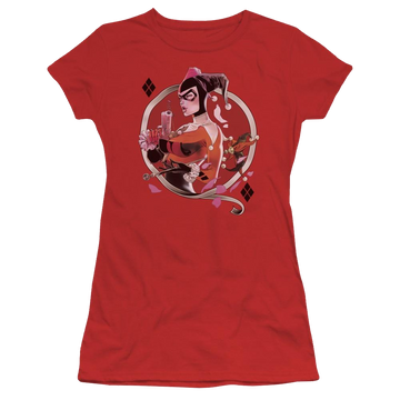 Red juniors t-shirt with Harley Quinn Batman Harley Q graphic